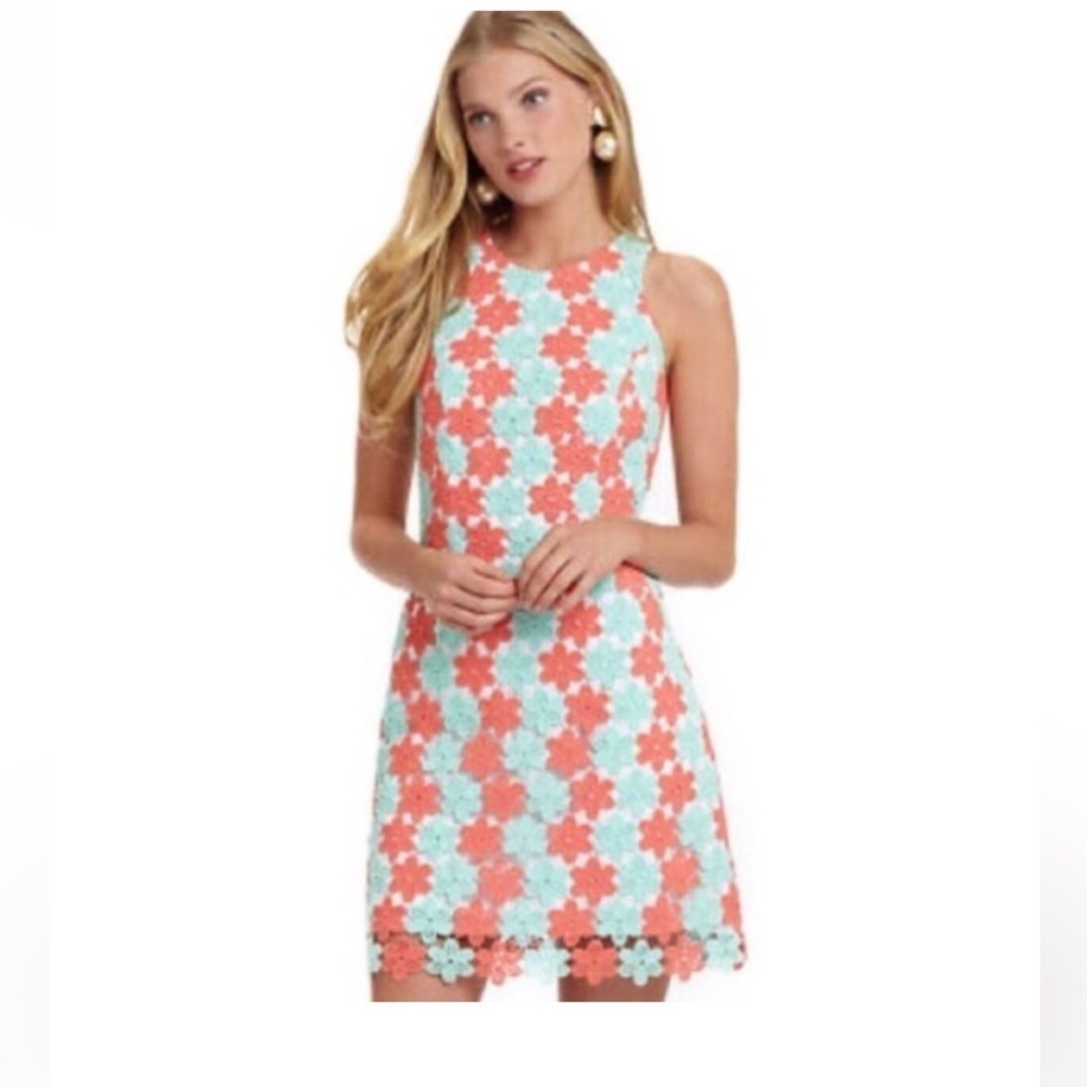 NWT Lilly Pulitzer Beautiful Sunrise Orange & Aqua Truly Petal Lace Dress size4